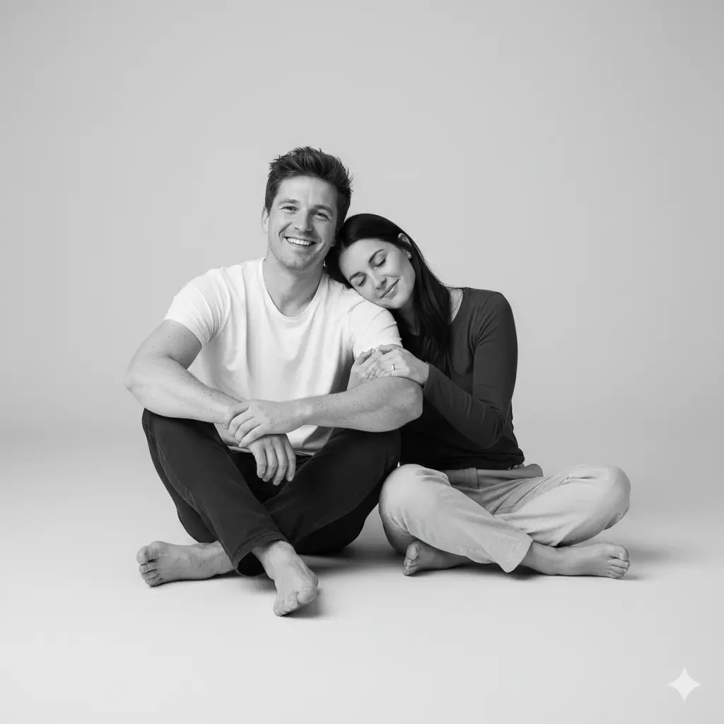 Create a clean monochrome studio portrait of a couple sitting closely together on the floor against a seamless light background. They pose in a relaxed, natural manner with genuine smiles. The man sits cross-legged, wearing a simple white T-shirt and dark pants, his arms resting comfortably on his knees. The woman sits beside him, leaning her head gently on his shoulder while her hands rest lightly on his arm. She wears a long-sleeved dark top paired with light pants, creating soft tonal contrast. Both are barefoot, adding to the casual and intimate feel. The lighting is soft and even, highlighting their expressions and creating a warm, affectionate atmosphere with a minimalist aesthetic.