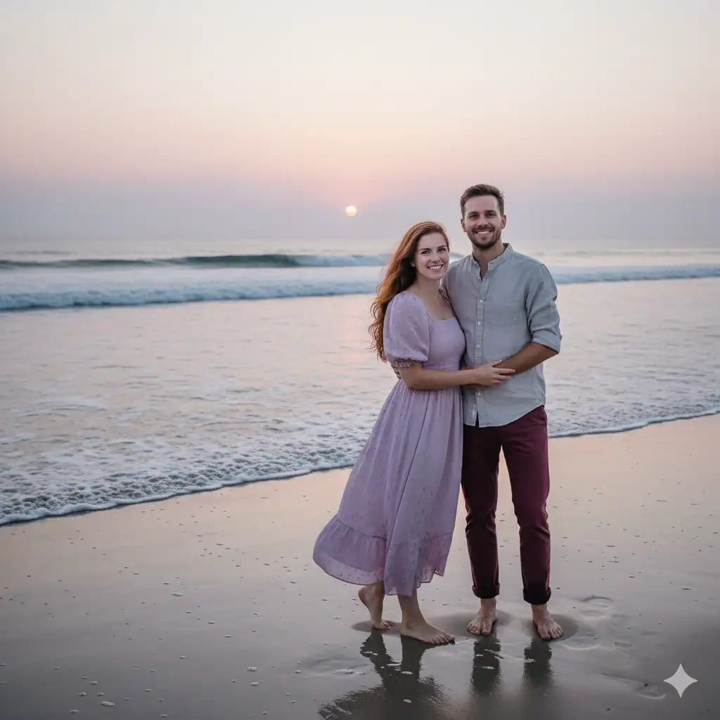 A romantic couple portrait captured at the beach during sunset or early twilight. The man and woman stand side by side on wet sand, the soft waves gently rolling behind them. The sky glows in delicate pastel hues of lavender, blush, and pale blue, with the sun (or moon) low on the horizon casting a gentle reflection on the water. The woman wears a light, airy lavender or pale lilac dress with subtle texture and puff sleeves, her long hair flowing naturally in the breeze. The man wears a casual light-gray shirt and maroon trousers, his sleeves rolled up for a relaxed look. They both smile warmly at the camera, holding each other's arms affectionately, radiating comfort and happiness. The overall composition captures love, serenity, and the poetic calm of the seaside at dusk.