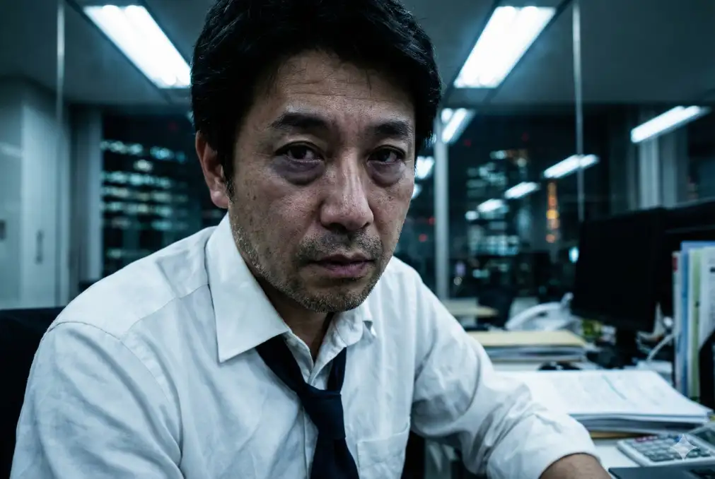 Create a gritty, realistic portrait of a Japanese businessman in his 40s sitting at a desk in a glass-walled office. It is late at night, and the lighting is provided by cool-toned overhead fluorescent tubes, casting realistic, slightly unflattering shadows under his eyes to show fatigue. He has a loose tie and the top button of his white shirt is undone. The camera focus is razor-sharp on his face, showing stubble texture and skin pores. The background is a blur of city lights through the office window. The image should look like a high-ISO photograph taken on a Nikon D850. Aspect ratio: 3:2.