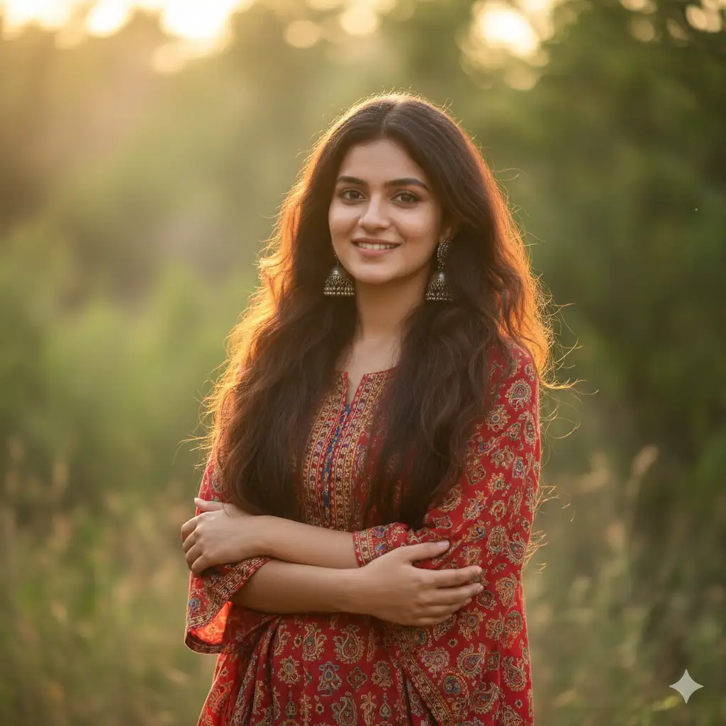 Create a soft outdoor portrait of a young woman with long, flowing dark hair standing in gentle sunlight. She wears a red patterned ethnic-style top with subtle traditional prints and elegant silver jhumka earrings. Her relaxed pose, with arms folded lightly and a warm, genuine smile, conveys calm confidence and grace. The soft sunlight creates a natural rim light around her hair, adding a golden glow, while the blurred greenery in the background enhances the serene, earthy feel. The photo captures the essence of timeless beauty, simplicity, and cultural charm.