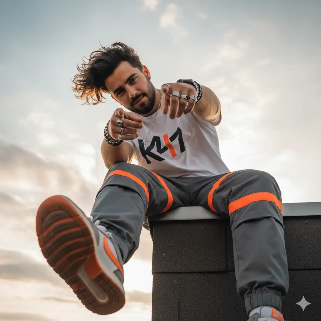 Create photo of a young man sits casually on the edge of a rooftop ledge, captured from a dramatic low-angle perspective that emphasizes the sole of his shoe in the foreground. He leans slightly forward, pointing directly at the camera with a playful, confident expression. His hair is voluminous and windswept, and he has a neatly groomed beard. He wears a white graphic t-shirt paired with gray cargo-style pants featuring bold orange reflective stripes on the thighs. His accessories include rings on both hands and layered bracelets on his right wrist, adding a modern streetwear touch. Behind him, a soft, cloud-filled sky glows with warm daylight, creating subtle, dreamy highlights. The composition feels energetic, youthful, and immersive, with a sense of motion from the pointing gesture and the exaggerated perspective. Capture a crisp, dynamic portrait that blends streetwear aesthetics with cinematic sky lighting.