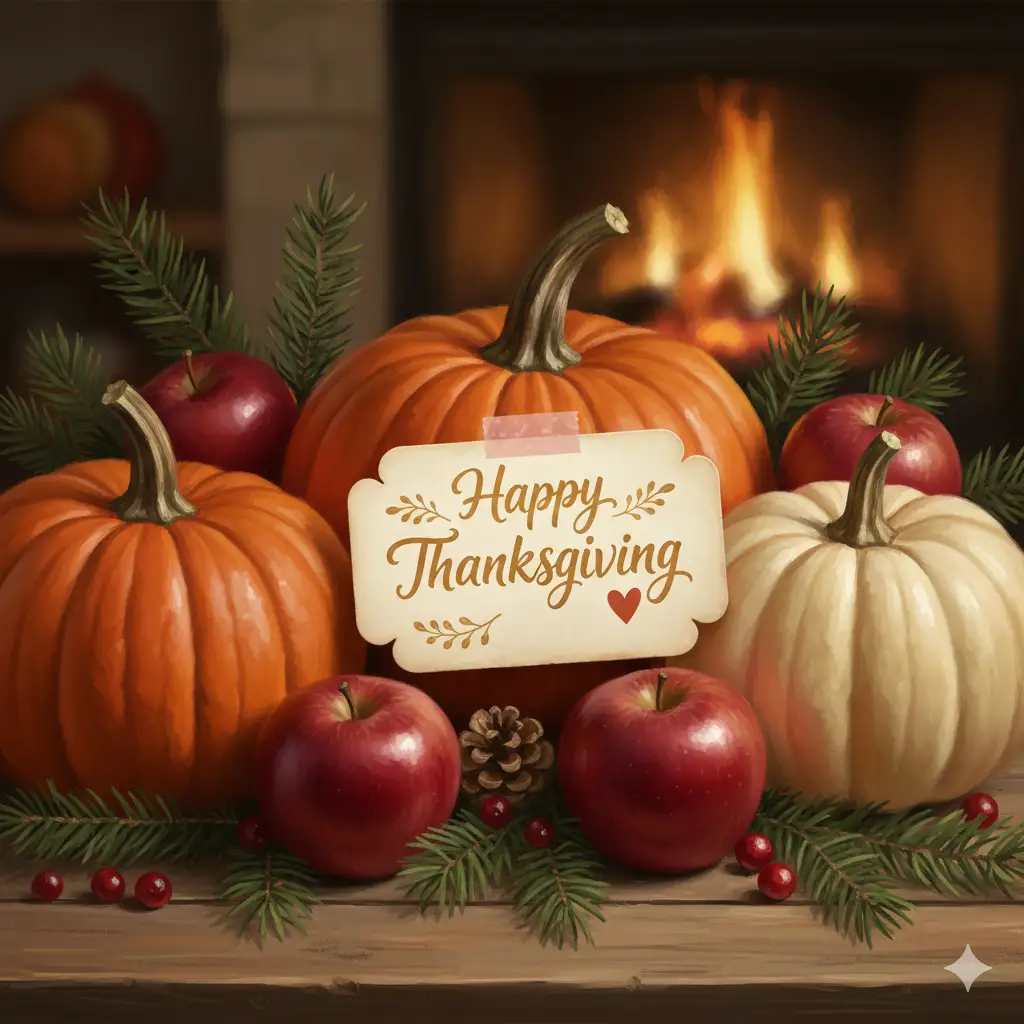 Create a vibrant Thanksgiving-themed still-life arrangement featuring an assortment of autumn harvest elements. Include pumpkins in varied colors, rich orange, creamy white, and deep red, grouped closely together with realistic texture and soft, warm lighting. Add glossy apples and bright red cranberries nestled among lush, deep-green pine and fir branches for contrast. In the center, place a decorative paper tag with rounded corners, slightly taped on with a piece of soft pink washi tape. The tag reads 'Happy Thanksgiving' in warm, hand-lettered script with small leaf flourishes. Add a simple red heart icon on the right side of the tag. Overall mood should feel festive, cozy, and painterly, with a traditional holiday atmosphere. High-resolution, rich color depth, and detailed shading.