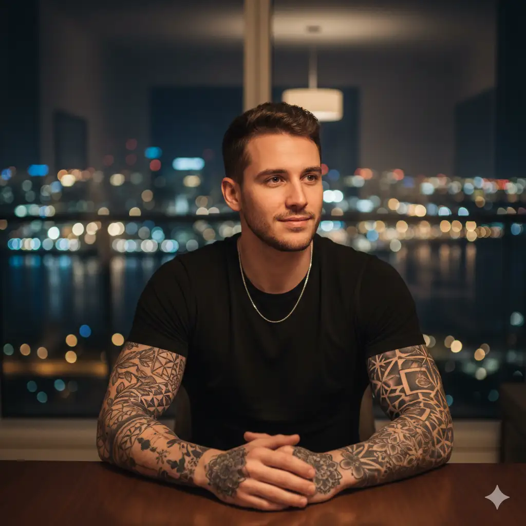 Create photo of a young man sits at a wooden table indoors, illuminated by warm, soft lighting that highlights his face and tattoos. He wears a fitted black t-shirt, and a thin chain necklace. His hands are clasped calmly in front of him, creating a composed and confident posture. Both arms are fully tattooed with geometric and illustrative designs, clearly visible under the warm light. Behind him, large windows reveal a beautifully blurred nighttime city skyline with shimmering bokeh lights in shades of gold, blue, and red reflecting over water. The atmosphere feels intimate, modern, and cinematic, blending warm indoor tones with cool, vibrant city lights. Depth of field is shallow, keeping the subject crisp while the background glows softly. Capture a refined, moody, nighttime ambiance with a focus on personality and urban sophistication.