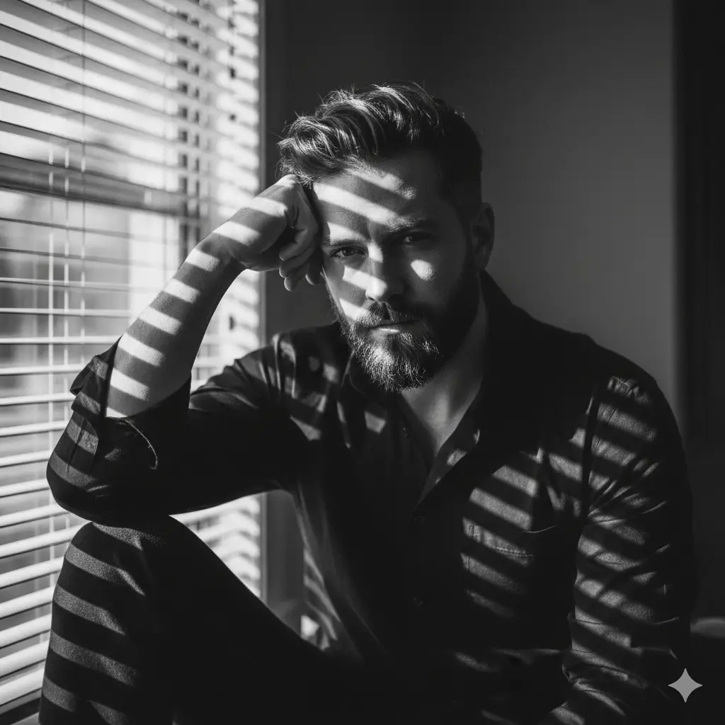 Create a monochrome portrait of a man seated indoors near a window with blinds that cast dramatic horizontal light stripes across his face, arm, and clothing. He sits with one knee raised and leans slightly forward, resting one hand on his head in a thoughtful pose. His expression is intense with a focused gaze toward the camera. He has a well-groomed beard and textured hair that catches the highlights from the window light. He wears a dark button-down shirt that contrasts sharply with the bright streaks of sunlight. The background is dim, allowing the patterned illumination to stand out with strong contrast. The overall mood is moody and cinematic with an emphasis on shadow play and directional natural light.