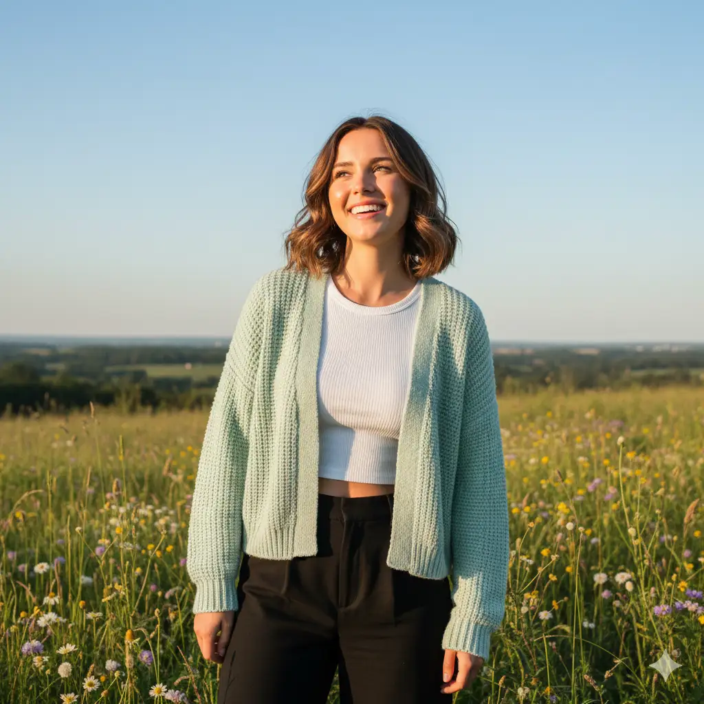 Create a bright and cheerful outdoor portrait of a young woman standing in a wildflower meadow under a clear blue sky. She's smiling warmly, exuding natural confidence and joy. She wears a light mint-green knitted cardigan over a white ribbed crop top, paired with high-waisted black pants. The sunlight softly illuminates her face and hair, casting a gentle golden glow that enhances the relaxed, summery mood. In the background, rolling green hills and distant trees fade into a hazy blue horizon, creating a sense of openness and calm. Wildflowers in subtle yellows, whites, and purples dot the meadow, adding pops of color and life to the serene landscape.