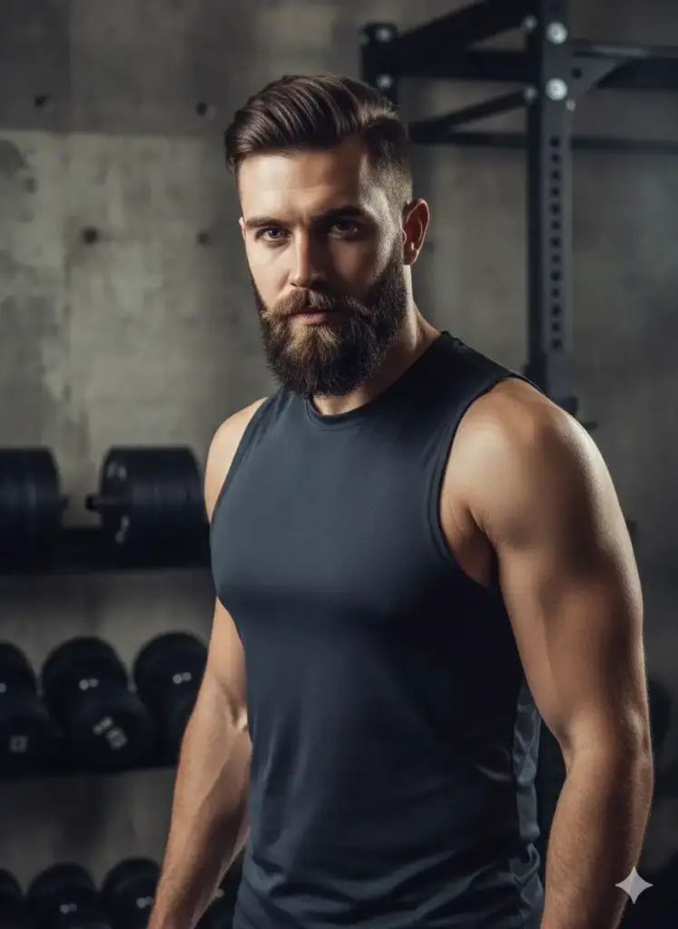 Create a powerful and dynamic profile picture for social media, based on my photo of a man, showcasing a fitness and athletic theme. He is dressed in a dark, high-performance athletic tank top that accentuates a look of strength. The background is a modern, gritty gym environment with racks of weights and industrial textures, all artistically blurred to keep the focus on him. The lighting is dramatic and high-contrast, like professional fitness photography, designed to sculpt and define his muscles, with a subtle mist in the air to enhance the atmosphere. Capture him in a moment of intense focus and determination, looking directly at the camera in a powerful chest-up shot.