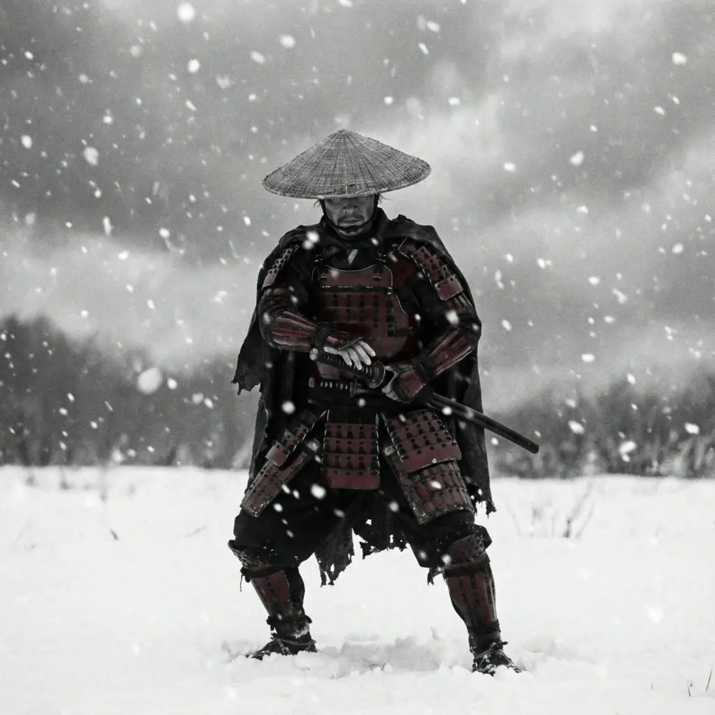 Create a visually striking cinematic shot inspired by classic Japanese cinema. A lone samurai warrior stands in a snowy field as heavy snowflakes fall around him. He is wearing traditional red and black lacquered armor and a straw hat that partially obscures his eyes. His hand is hovering over the hilt of his katana, ready to draw. His posture is low and grounded. The only color in the scene is the red of his armor against the high-contrast white snow and dark grey sky. The lighting is diffused and soft (overcast day). Shot with a telephoto lens to compress the background and emphasize the falling snow. Aspect ratio 1:1.