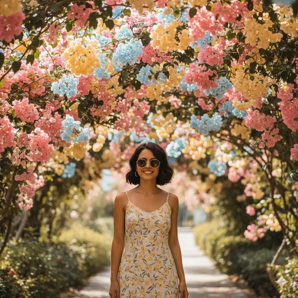 Create a serene outdoor portrait of a young woman standing beneath a canopy of colorful bougainvillea flowers in full bloom — shades of pink, blue, and yellow cascading around her. She wears a light, sleeveless floral dress with soft yellow and green patterns that complement the natural surroundings. Her short, wavy dark hair frames her face, and she wears stylish round sunglasses that add a chic, modern contrast to the romantic garden setting. Soft sunlight filters through the foliage, casting a golden glow across her skin and the background greenery. The composition captures the essence of a carefree spring day, filled with color, calm, and timeless grace.
