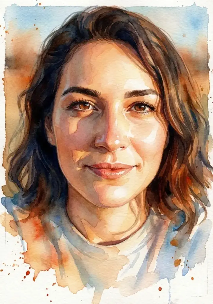 Turn my photo into a realistic watercolor portrait with fine brush textures and vibrant color blending. Capture delicate skin tones, soft light reflections, and expressive facial details. Add visible watercolor textures with layered washes, subtle gradients, and splashes of pigment around the edges. The overall style should look hand-painted on textured paper, with artistic imperfections, brush strokes, and a natural watercolor bleed effect. Include soft background colors that complement the subject, blending smoothly into the portrait. Maintain lifelike proportions and a gentle artistic warmth.