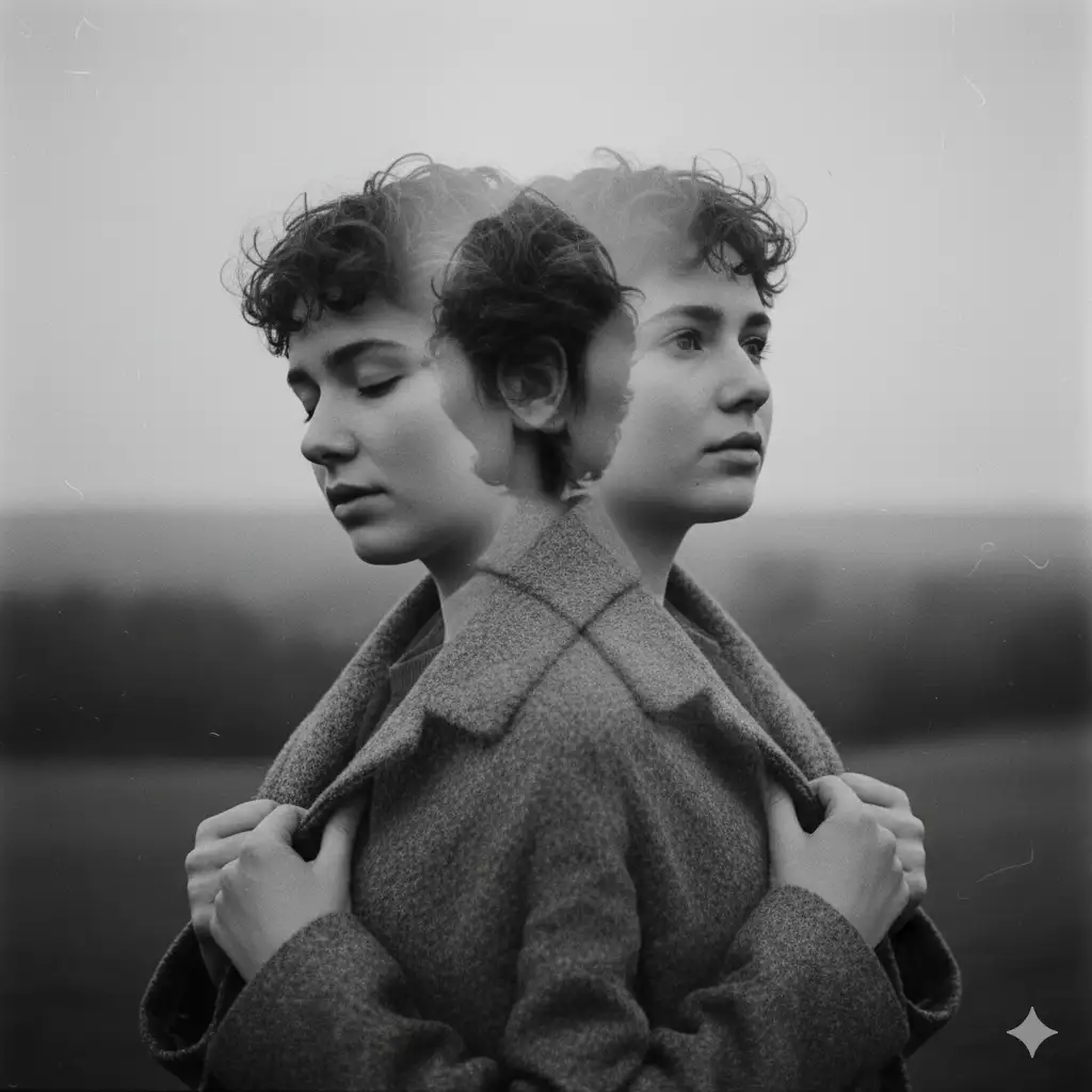 Create a monochrome, film-like double-exposure portrait of a young person with short, tousled, curly hair. The first exposure shows them with eyes closed and a serene, introspective expression, head slightly tilted downward. The second exposure overlaps at a shifted angle, showing their face again with eyes open and a calm, distant gaze. Both exposures blend softly with a hazy, atmospheric background that feels like an overcast day near a blurred landscape. Their hands gently grasp the lapels of a thick, textured coat, adding a tactile, emotional element. The overall style is poetic and dreamlike, with soft grain, subtle light leaks, muted grayscale tones, and a nostalgic analog aesthetic. Emphasize moodiness, emotional depth, and seamless blending between the two portrait layers.