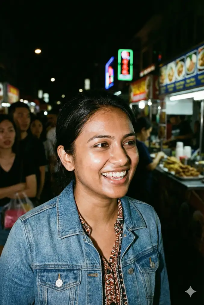 Create a candid, flash-photography style portrait of a South Asian woman in her 20s at a night market. The lighting should look like a direct, on-camera flash, causing a sharp contrast between the subject and the dark background. She is laughing mid-conversation, looking slightly off-camera. Her skin should have a natural sheen (not oily, but realistic humidity). She is wearing a denim jacket over a colorful shirt. The background is dark but hints at colorful food stalls. The aesthetic is raw and documentary-style, not studio quality. Aspect ratio: 2:3.