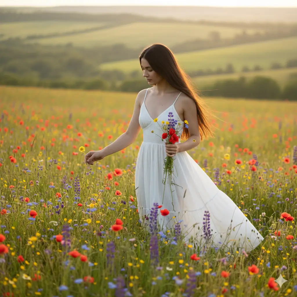 Create a serene summer scene featuring a young woman standing in a lush meadow filled with wildflowers of every color, yellows, reds, purples, and blues, glowing under the soft golden light of the late afternoon sun. She wears a flowing white sundress with delicate straps, her long dark hair cascading gently over her shoulders as she picks a wildflower. In her other hand, she holds a small bouquet of freshly gathered blooms. The rolling green hills in the background fade into the distance, bathed in warm sunlight and gentle shadow, creating a tranquil, pastoral atmosphere that evokes freedom, peace, and natural beauty.
