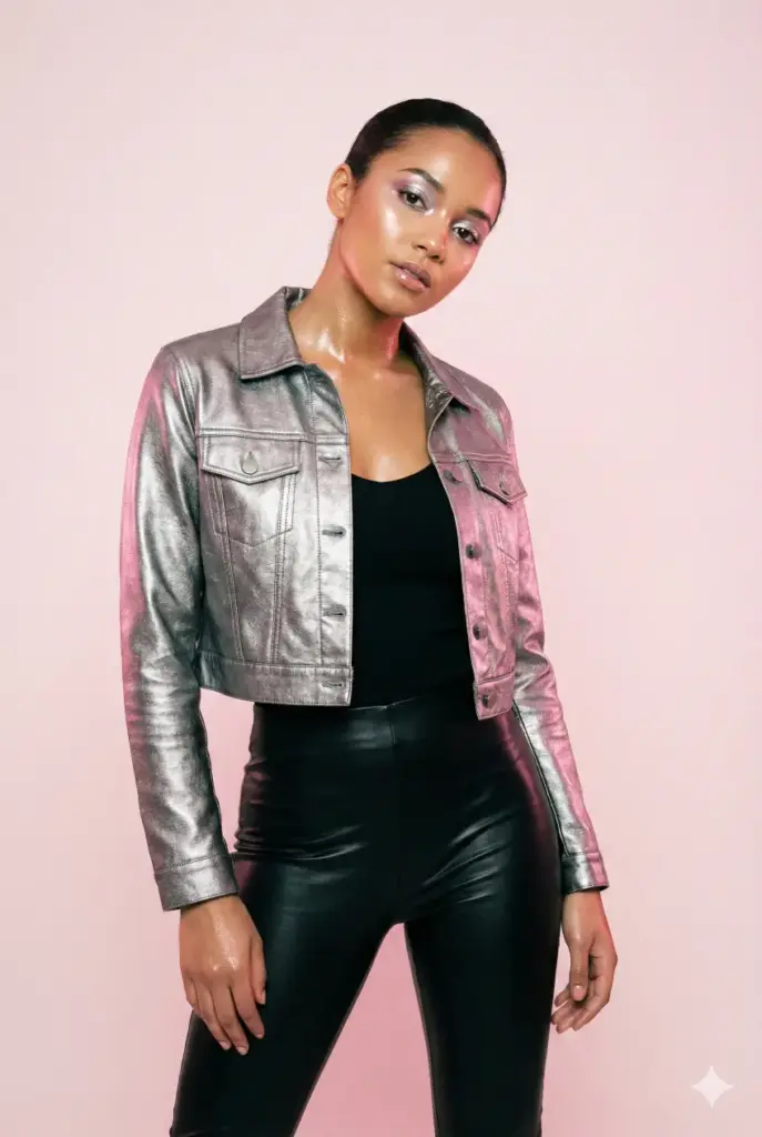 Create a studio portrait of a young woman standing with one shoulder slightly tilted forward, giving a confident yet soft gaze. She wears a metallic silver cropped jacket, black fitted top and sleek high-waist pants. Add glossy skin highlights and shimmering makeup. Use bright beauty lighting from the front with a soft pink fill to create a glowing effect. Set the background to a smooth pale rose color for a chic finish. Use aspect ratio 2:3.