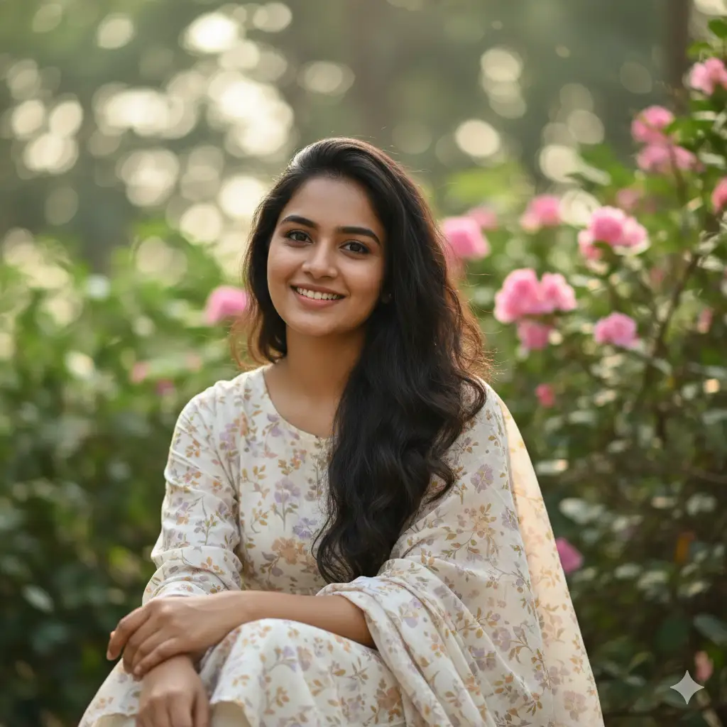 Create a soft, natural-light portrait of a young woman sitting outdoors against a backdrop of lush greenery and blooming pink flowers. She has a calm, gentle smile and a relaxed posture, radiating warmth and quiet confidence. Her long, wavy black hair flows naturally over her shoulder, and she wears a light floral-patterned kurta in soft shades of cream, lavender, and beige. The background is softly blurred with round bokeh lights, adding a dreamy depth and serene mood to the image. The overall atmosphere feels peaceful, genuine, and full of subtle grace.