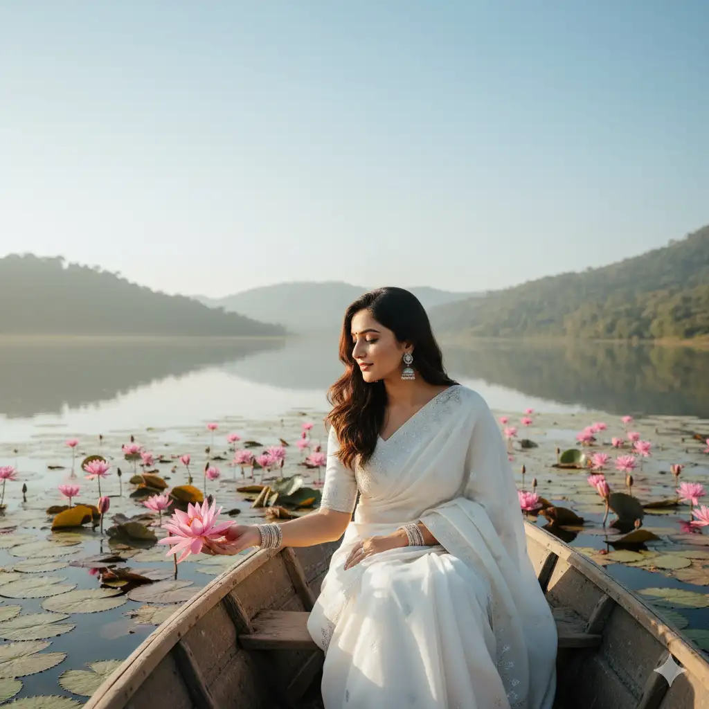 A graceful woman dressed in an elegant white saree with delicate silver embroidery sits gently in a wooden boat gliding across a calm lake filled with blooming pink lotuses. She reaches out tenderly to touch one of the flowers, her expression soft and peaceful, with a faint, content smile. Her long dark hair flows freely, catching the warm morning light. She wears traditional silver jewelry, bangles and jhumka earrings, that shimmer subtly against her outfit. The background reveals distant green hills and a clear blue sky reflected on the still water, adding depth and tranquility to the scene. The soft sunlight casts a golden glow, enhancing the natural beauty of the flowers, the water, and her serene presence.