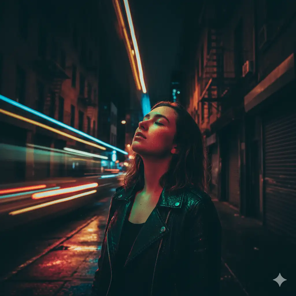 Create photo of a young woman stands in a dark urban environment at night, her face tilted upward toward the glow of passing neon lights. She is softly illuminated by a mix of deep reds, greens, and oranges that create a vivid, surreal atmosphere. Her hair is slightly tousled, catching subtle highlights from the shifting light. The background features blurred motion from a brightly lit vehicle or sign, producing streaks of neon color that sweep diagonally across the frame. The overall mood is moody and cinematic with a dreamlike, almost retro aesthetic. Capture a dramatic low light portrait with rich shadows, intense colored lighting, motion blur in the background, and an introspective, atmospheric feel.