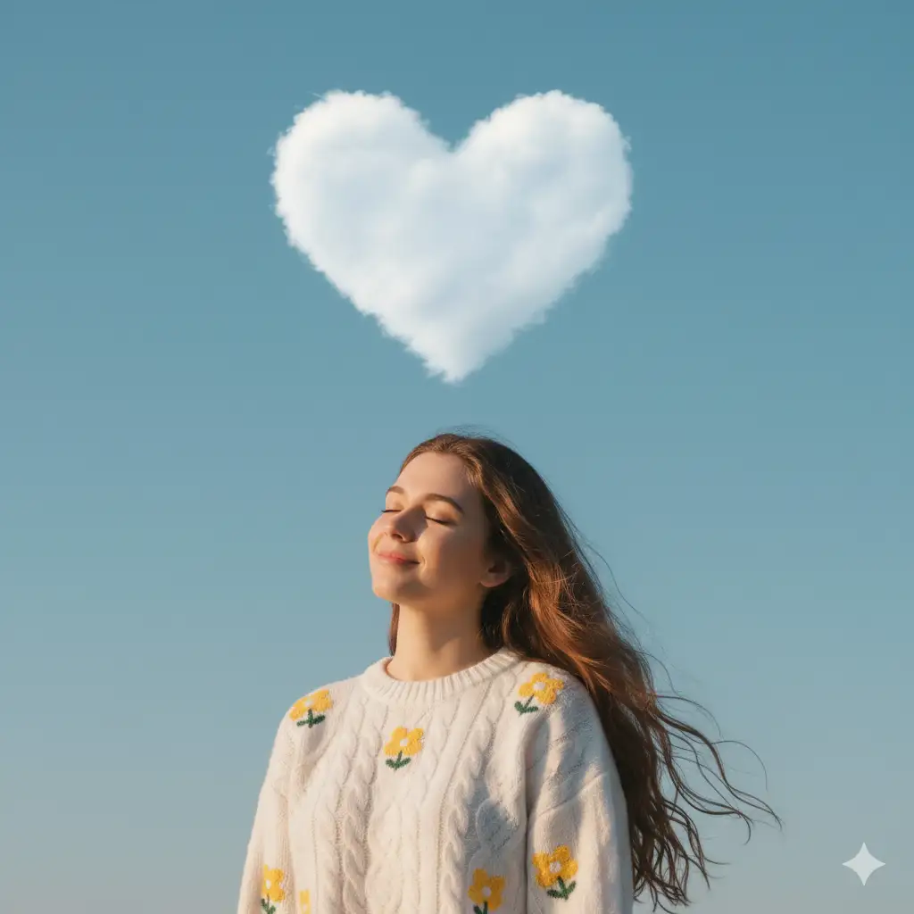 Create a soft, dreamy outdoor portrait of a young woman standing under a clear blue sky, eyes closed and smiling peacefully. She wears a cozy white sweater adorned with bright yellow floral patterns, her long brown hair flowing gently behind her. Above her head floats a perfectly shaped white cloud in the form of a heart, adding a whimsical, romantic touch to the scene. The sunlight softly illuminates her face, creating a serene and joyful atmosphere that evokes warmth, calm, and contentment. The composition is minimalist yet poetic, blending natural beauty with a playful, surreal element.