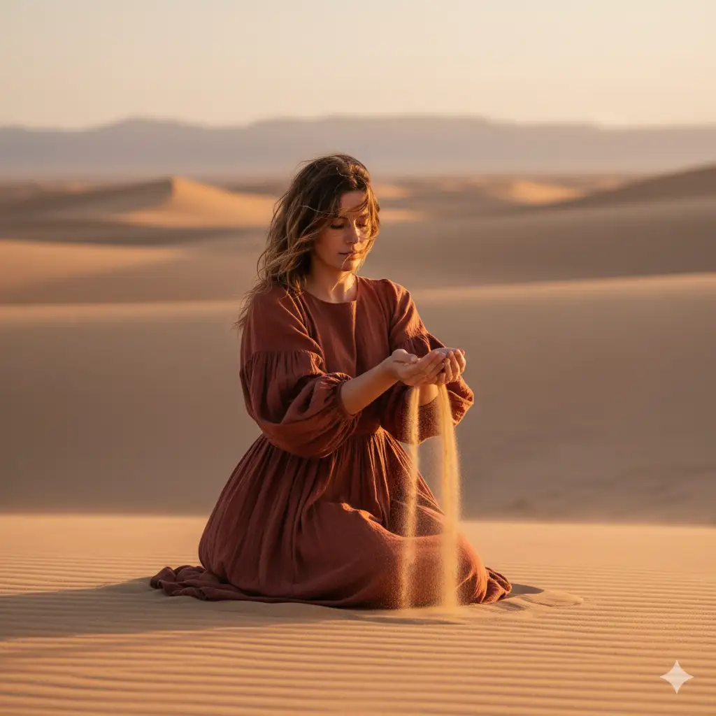 Create a poetic, cinematic portrait set in sweeping desert dunes at golden hour. A woman kneels in flowing sand, wearing a long, textured rust-colored dress with gathered sleeves and a soft, natural drape. She holds a handful of sand out in front of her, letting it stream downward in a delicate cascade, catching the warm evening light. Her expression is serene and introspective, with loose strands of her long hair falling across her face, gently tousled by the desert breeze. Behind her, soft dunes stretch into the distance, forming smooth, sculpted curves that fade into muted tones of beige and shadow. The sky glows with subtle pastels as the sun sets.