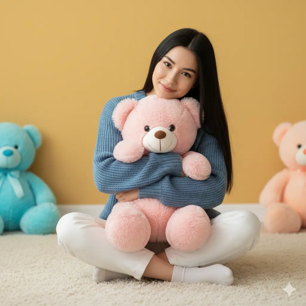 Create a cozy, cheerful indoor portrait of a young woman with long, straight dark hair, sitting cross-legged against a warm mustard-yellow background. She is wearing a soft blue knitted sweater and white pants, smiling gently while hugging a large pink teddy bear close to her chest. Two other plush teddy bears — one blue and one peach — sit in the background, adding a playful, pastel-toned contrast. The atmosphere is bright and heartwarming, with even, soft lighting that enhances the comforting textures of the sweater and plush toys. The overall composition radiates warmth, innocence, and nostalgia, evoking childhood comfort and affection.