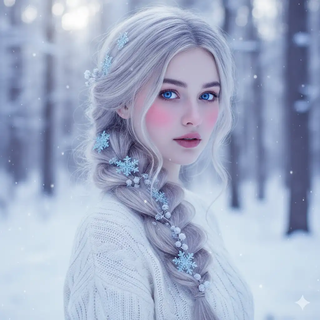 Create a dreamy, ethereal winter portrait of a young woman standing in a softly lit snowy forest. She has long, silvery-platinum hair styled into a loose side braid, with delicate icy-blue snowflake ornaments woven throughout the strands. Her eyes are a striking, vivid blue, contrasting beautifully with the cool winter tones around her. She has a soft, natural makeup look with rosy cheeks and mauve-pink lips, giving her a serene, almost fairytale presence. She wears a cozy white knit sweater that blends harmoniously with the snowy background. Gentle snowflakes fall around her, creating a magical, peaceful ambiance. The background is softly blurred, emphasizing her face and braid while maintaining the dreamy winter atmosphere. High-resolution portrait photography, soft diffused lighting, frosty color palette, enchanted winter aesthetic.