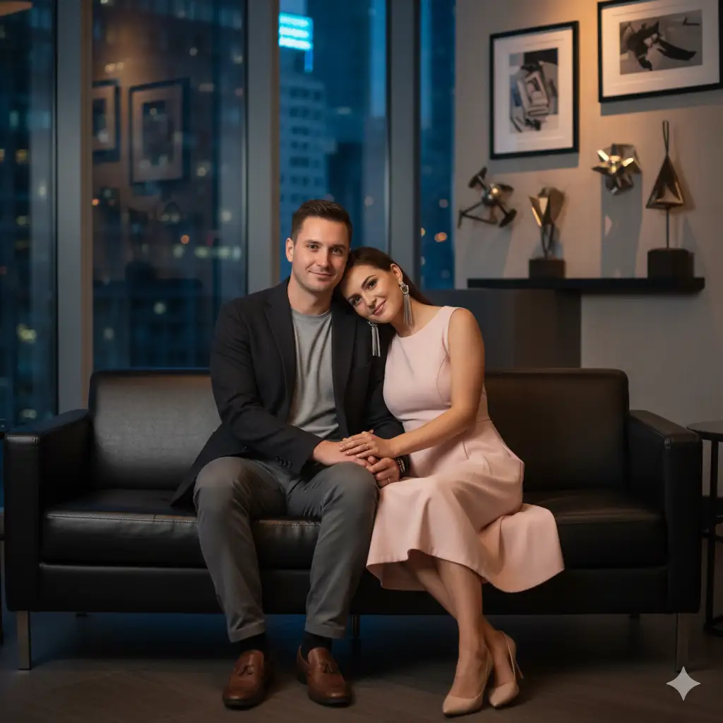 Create photo of a stylish couple sitting closely together on a sleek black leather couch in a modern, softly lit lounge or upscale bar. The man wears a dark blazer over a light gray t-shirt, paired with gray trousers and brown shoes, exuding smart-casual polish. The woman sits beside him, elegantly dressed in a light pink sleeveless dress, accessorized with dangling earrings. She leans gently on his shoulder, both smiling subtly, radiating warmth and connection. The ambiance features a contemporary interior with neon blue and amber lighting, glass walls, and framed art in the background, creating a romantic yet refined evening mood.
