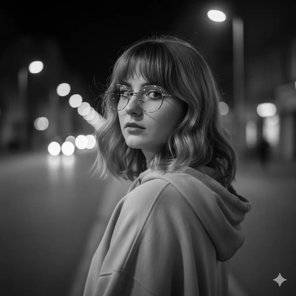 Create a monochrome portrait of a young woman standing outdoors at night beneath soft, diffused street lighting. She looks back over her shoulder with a quiet, introspective expression. She wears oversized round glasses that catch subtle highlights, framing her eyes with a gentle reflection. Her medium-length hair has soft waves and full bangs that fall naturally across her forehead. She is dressed in an oversized hoodie that adds a casual, contemporary feel. The background is softly blurred with faint glowing lights that hint at an urban setting, creating depth without distracting from her face. The overall mood is calm, cinematic, and slightly nostalgic with smooth tonal transitions, soft shadows, and a quiet nighttime atmosphere.
