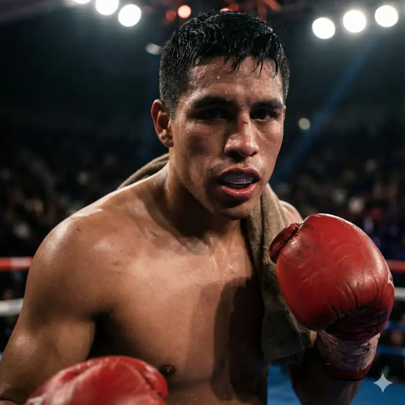 Create a raw, high-intensity realistic portrait of a Hispanic male boxer resting in the corner of a boxing ring. He is sweating profusely; beads of sweat are clearly visible running down his forehead and chest. He is wearing a mouthguard (partially visible) and boxing gloves. The lighting is dramatic top-down arena lighting, creating deep shadows in his eye sockets and highlighting the definition of his muscles and the texture of his wet skin. The background is dark and out of focus, implying a gym crowd. No airbrushing; capture the grit. Shot on a Hasselblad X1D. Aspect ratio: 1:1.