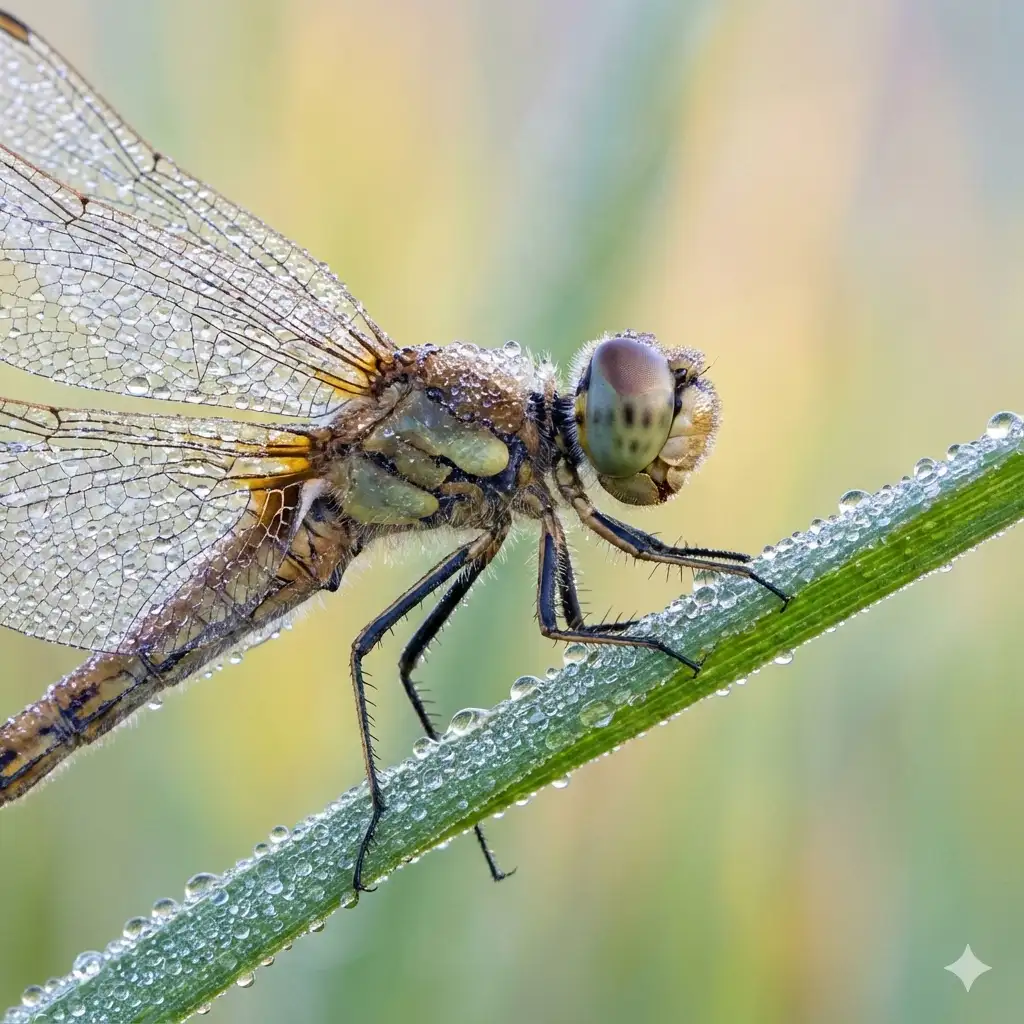 Create an exquisite macro photograph of a dragonfly perched on a blade of grass, covered in morning dew. The shot is focus-stacked to keep every detail, from the intricate patterns on its wings to the tiny prismatic dew drops, in perfect, sharp focus. The background is a soft, pastel blur of green and yellow. Use 1:1 aspect ratio.