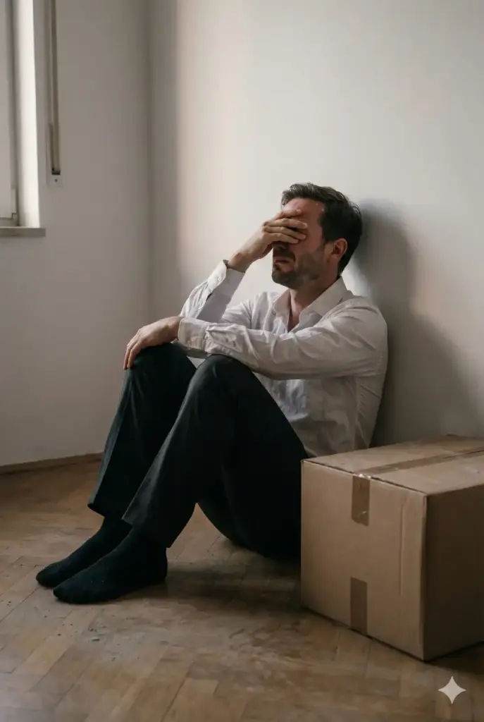 Create a hyper-realistic photo with an aspect ratio of 2:3 depicting a moment of silent grief. The main subject is a man in his mid-30s sitting on the parquet floor of an empty apartment. He is leaning his back against a bare white wall, his knees pulled up to his chest, with one hand covering his eyes as if holding back tears. He is dressed in a wrinkled white dress shirt with the top button undone and dark slack trousers. Beside him is a single packed cardboard box. The room is dimly lit by the fading light of dusk coming through a window (off-camera), creating long, dramatic shadows. The color palette should use desaturated earth tones, dust, and soft browns to convey a sense of finality and exhaustion.