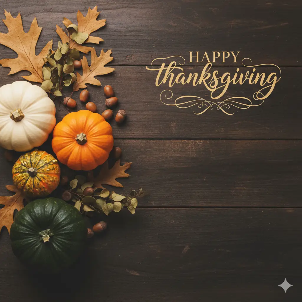 Create a cozy, autumn-themed flat-lay scene set on a dark weathered wooden surface with visible grain and soft natural texture. On the left side of the composition, arrange a collection of small pumpkins in varied colors: creamy white, bright orange, mottled green-and-orange, and deep forest green. Nestle them among scattered acorns and clusters of dried leaves—some crisp brown oak leaves, others faded green with curled edges. Toward the top left, include a few larger dried leaves that extend gently into the frame. On the right side of the scene, leave the wood surface mostly open to provide visual balance. Add elegant lettering that reads 'HAPPY thanksgiving', using a warm, soft-gold script with graceful flourishes on the word 'thanksgiving.' The lighting should be diffused and warm, casting subtle shadows that accentuate the pumpkins' ridges, the texture of the leaves, and the rustic mood of the overall autumn setting.