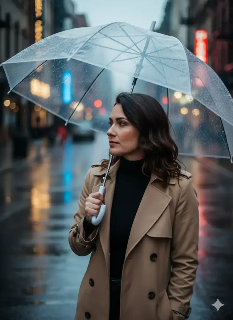Create a chic and atmospheric urban profile picture for Instagram, based on my photo of a woman. She is dressed in a fashionable trench coat over a turtleneck, projecting a sophisticated city vibe. The background is a rain-slicked city street in a district like SoHo or Shinjuku, with the soft, out-of-focus lights of storefronts and street lamps creating a beautiful bokeh effect. The lighting should be soft and reflective, as if from the ambient city lights after a rain shower, creating a cool, cinematic mood. Frame her in a medium close-up, holding a clear umbrella, looking thoughtfully off to the side, capturing a moment of quiet elegance amidst the city's hustle.