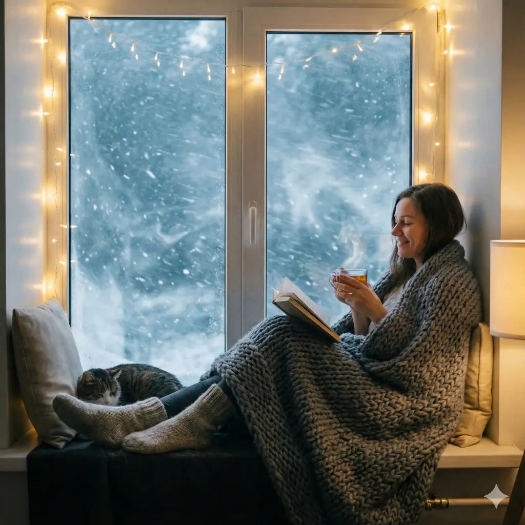 Create a peaceful and serene photo with an aspect ratio of 1:1 of a woman reading a book in a window seat. Outside the large window, a blizzard is raging, but inside it is warm and safe. She is wrapped in a chunky knitted grey blanket, wearing oversized wool socks, and holding a cup of tea. A string of warm white fairy lights is draped casually around the window frame. The lighting is soft and moody, focusing on her relaxed expression.