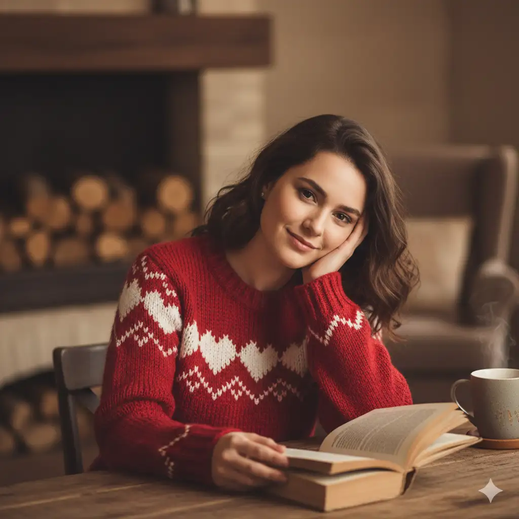 Create a cozy indoor portrait of a young woman sitting at a table, wearing a red knitted sweater with white heart patterns. She holds an open book and rests her head gently on one hand, gazing warmly toward the camera with a soft, thoughtful expression. Her wavy dark hair frames her face naturally, and the background is softly blurred, creating a calm and intimate atmosphere. Warm indoor lighting enhances the earthy tones and gives the scene a comforting, relaxed feel, perfect for a quiet reading moment.