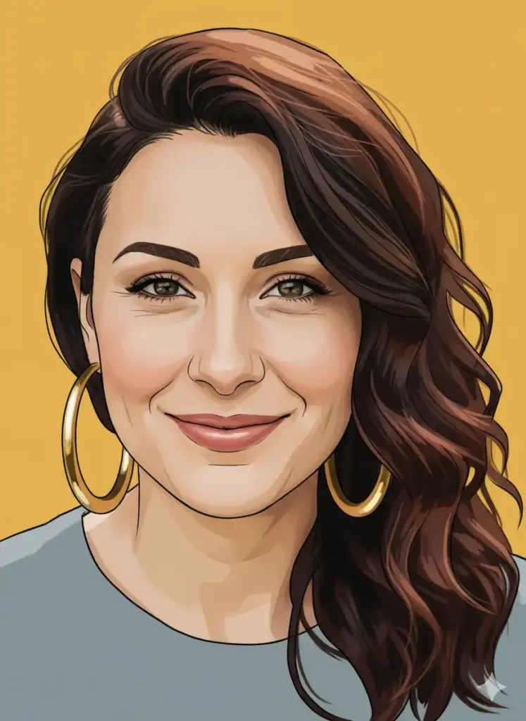 Create a bold and memorable profile picture for X, based on my photo of a woman, with a pop-art feel. She should have a confident look, with a single piece of statement jewelry like large gold hoop earrings. Place her against a flat, solid background in a warm, eye-catching color such as marigold yellow or coral pink. The lighting should be bright and almost shadowless, like a fashion magazine shoot, to emphasize her features and the clean lines of the portrait. Frame her in a tight, centered close-up from the shoulders up, looking directly at the camera with a confident and friendly expression that draws the viewer in.