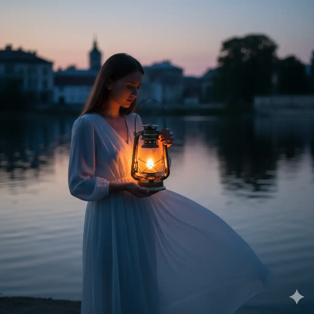 Create photo of a young woman stands near the water at dusk, holding an old fashioned lantern in front of her. The warm orange flame inside the lantern casts a soft glow across her face and the folds of her white, flowing dress. Her expression is calm and contemplative as she looks toward the light. The background is softly blurred with muted tones of evening sky and faint silhouettes of distant structures. Subtle reflections shimmer on the water behind her, adding depth and atmosphere. Capture a moody twilight portrait with warm lantern lighting, soft shadows, gentle fabric texture, and a serene, cinematic outdoor setting.