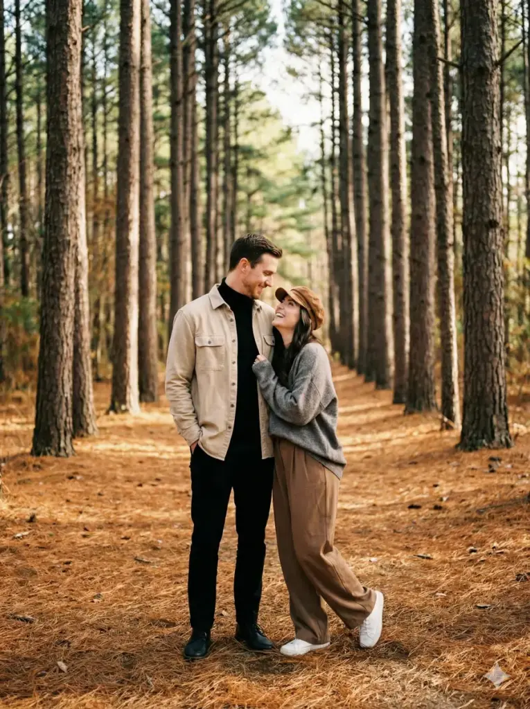 Create a warm, candid couple portrait set in the middle of a quiet forest path lined with tall, straight pine trees. The ground is scattered with fallen pine needles, giving the scene a rustic, autumnal feel. The couple stands close together, leaning in affectionately. The man wears a light tan overshirt with a black turtleneck and black pants, hands casually in his pockets as he smiles down at the woman. The woman nestles playfully against him, wearing a brown cap, oversized gray sweater, loose brown trousers, and white sneakers. She looks up at him with a joyful, affectionate expression. Use aspect ratio 3:4.