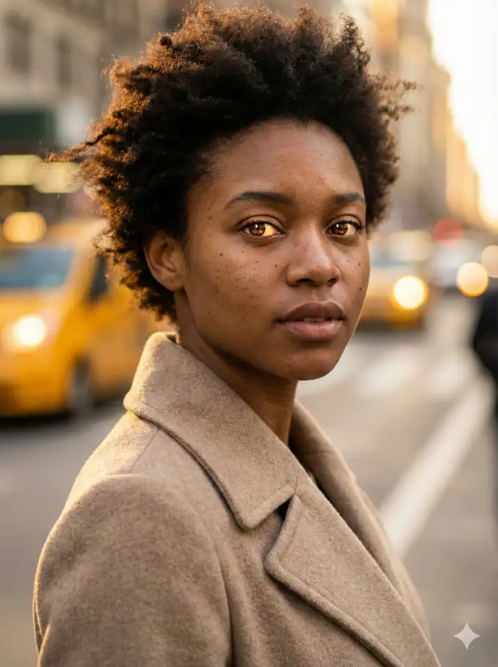 Create a hyper-realistic, close-up portrait of a young African American woman standing on a busy New York City street during golden hour. She has natural, curly hair caught slightly in a breeze and is wearing a textured beige trench coat. The focus should be sharp on her eyes, capturing the reflection of the streetlights. Her skin should show natural texture, including pores and slight imperfections, avoiding any airbrushed look. The background should be a creamy, blurred bokeh of yellow taxis and city lights. Shot on a Sony A7R IV with an 85mm f/1.4 lens. Aspect ratio: 3:4.