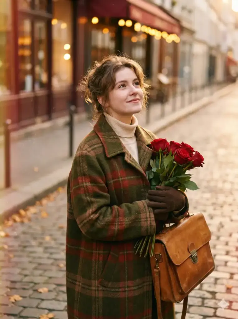 Create photo of a young woman stands outdoors on a softly lit street, viewed slightly from above in a warm, cinematic composition. She wears a thick, vintage-style plaid coat in deep earthy tones—browns, greens, and muted reds—giving her a cozy autumn or winter feel. A cream-colored turtleneck peeks out from beneath the coat, adding softness around her face. Her hair is styled in a smooth, loose updo with gentle waves framing her features. She holds a bouquet of fresh red roses, their rich color contrasting beautifully against the neutral tones of her outfit. In her other hand, she carries a structured, tan leather handbag with subtle detailing. The lighting is golden and nostalgic, casting soft shadows and giving the scene a dreamy, film-like quality, as though captured on analog camera. The pavement beneath her is slightly blurred, enhancing the focus on her expression and the flowers. Use 3:4 aspect ratio.