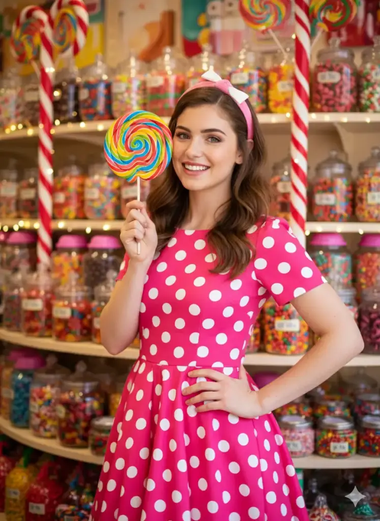Create a cute girl photo of a woman walking down a forest path lined with tall trees, wearing a beige cardigan, floral dress, and ankle boots. She's turning back slightly toward the camera, smiling shyly. The photo has dappled sunlight filtering through leaves, gentle mist, and a cinematic composition emphasizing natural beauty and serenity.