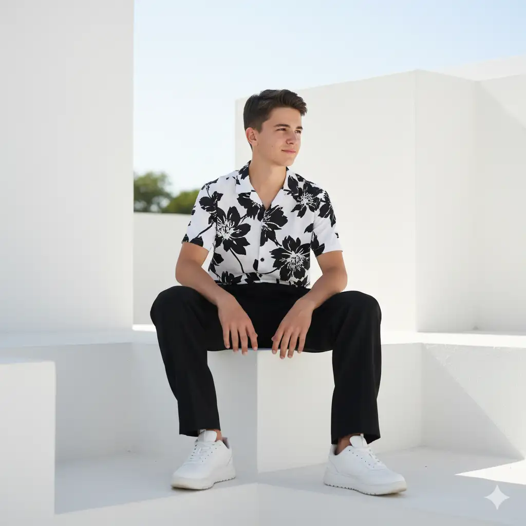 Create photo of a stylish teen boy sitting casually in a bright, minimalist outdoor setting with white geometric architectural structures. He wears a white short-sleeve button-up shirt with a bold black floral print, paired with loose-fitting black trousers and clean white sneakers. His posture is relaxed, hands resting on his knees, as he looks slightly to the side with a calm, confident expression. The lighting is crisp and natural, casting soft shadows that emphasize the clean, summery aesthetic. The overall mood feels modern, airy, and sophisticated, blending casual fashion with an artistic sense of composition.