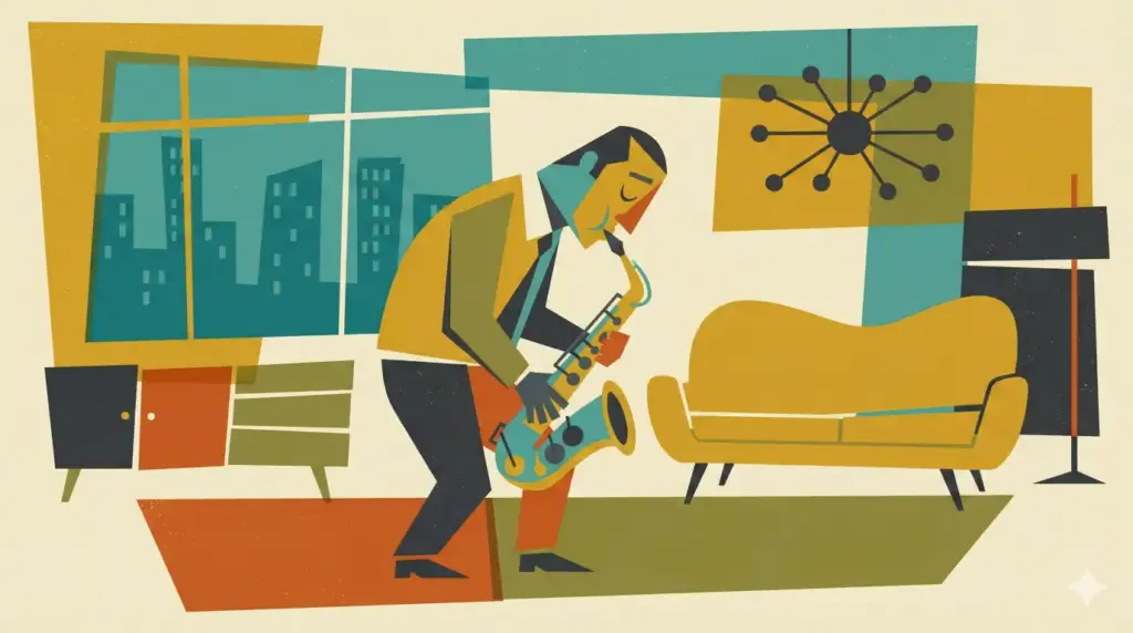 Create a Mid-Century Modern UPA style cartoon background and character. The scene features a stylized jazz musician playing a saxophone in a minimalist city apartment. Use geometric abstraction, off-register color blocks, and a flat graphic design aesthetic. The perspective should be flattened using a retro palette of mustard yellow, teal, and charcoal gray in a wide 16:9 aspect ratio.