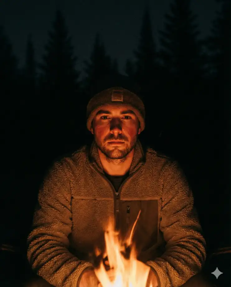 Create a realistic, low-light portrait of a man in his late 20s sitting around a campfire at night. The only light source is the fire below the frame, casting a warm, flickering orange glow upwards onto his chin and nose, leaving his eyes in partial shadow. He is wearing a beanie and a thick fleece jacket. Capture the texture of his unshaven stubble and the slight redness in his cheeks from the heat. The background is pitch black with a hint of pine trees. The image should have a high dynamic range but maintain deep, grainy blacks to look like a high-ISO photograph. Aspect ratio: 4:5.