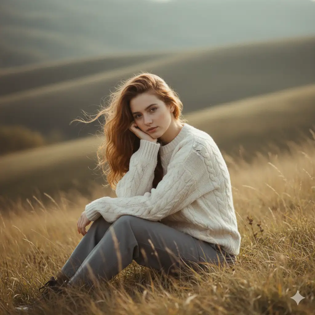 Create a aesthetic outdoor portrait of a young woman sitting gracefully amidst tall, golden-brown grass on a breezy hillside. She wears a cozy beige cable-knit sweater and soft grey pants, perfectly complementing the muted earth tones of the autumn landscape. Her long hair flows gently in the wind as she leans slightly forward, resting her chin thoughtfully on her hand, gazing softly at the camera with a tender, introspective expression. The blurred hills in the background create a dreamy depth, while the natural light casts a warm, diffused glow that enhances the tranquil, nostalgic mood of the scene.