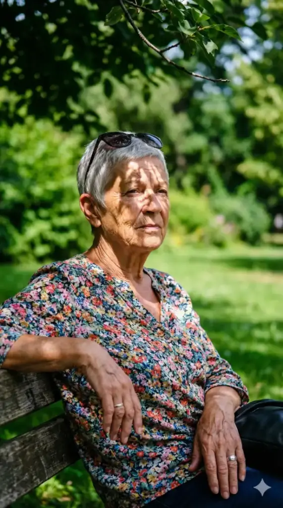 Create a realistic portrait of an older woman with silver hair cropped short, sitting on a park bench under the harsh midday sun. The shadows from a nearby tree branch are cast across her face, creating a dappled light effect. She is wearing sunglasses pushed up onto her head and a floral blouse. The image captures the texture of her aging neck and hands resting on her lap. The background is a vibrant green park, slightly out of focus. The image should have high contrast and vivid, true-to-life colors like Fujifilm Velvia stock. Aspect ratio: 9:16.