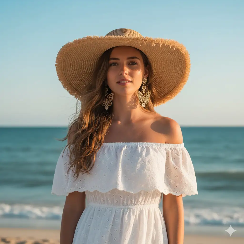 Create a radiant beachside portrait of a young woman wearing an elegant off-shoulder white eyelet dress and a wide-brimmed straw hat. Her long, softly wavy hair catches the sunlight as she gazes confidently toward the camera. She accessorizes with large, intricate gold earrings shaped like butterflies and floral motifs, adding a touch of bohemian sophistication. The backdrop features a clear blue sky and a blurred glimpse of the ocean, glowing under warm daylight. The lighting is natural and golden, enhancing her smooth skin tone and the soft textures of her outfit. The overall composition conveys effortless elegance, summer warmth, and refined femininity.