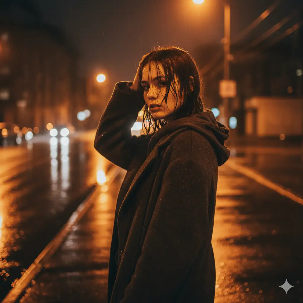 Create a dramatic night-time portrait set on a rain-soaked street illuminated by a single, intense amber streetlight. A young woman stands with her body turned slightly away from the camera, glancing back over her shoulder. Her hair is wet and clings to her face in loose strands, catching the warm glow from above. She lifts one hand to her head in a spontaneous, raw gesture. She wears an oversized dark coat layered over a hoodie, the fabric damp and heavy from the rain. The background is blurred into golden streaks and reflections, with puddles on the pavement shimmering under the streetlight.