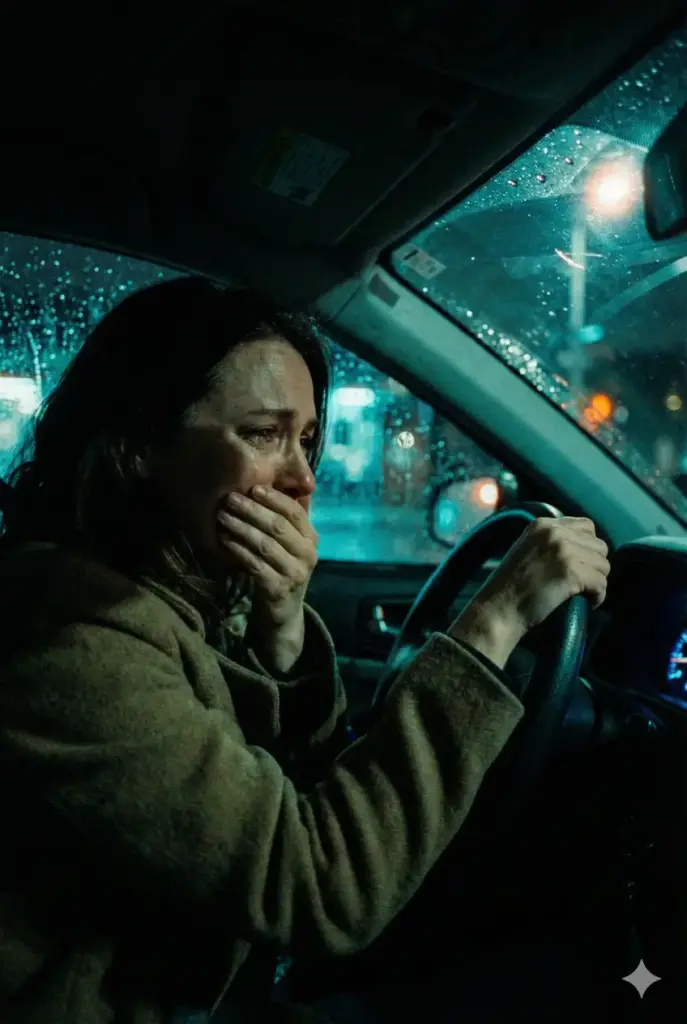 Create an intimate, emotional photograph with an aspect ratio of 2:3. The shot is taken from the passenger seat perspective looking at the driver, a woman in her 40s, sitting in a parked car at night while it rains heavily outside. Raindrops cover the windshield, blurring the streetlights into abstract shapes. The woman has one hand gripping the steering wheel tightly and the other covering her mouth as she sobs. The only illumination comes from the faint, teal glow of the dashboard dials and a nearby streetlamp, creating a moody, low-light atmosphere. Shadows obscure part of her face, highlighting the isolation of the moment.