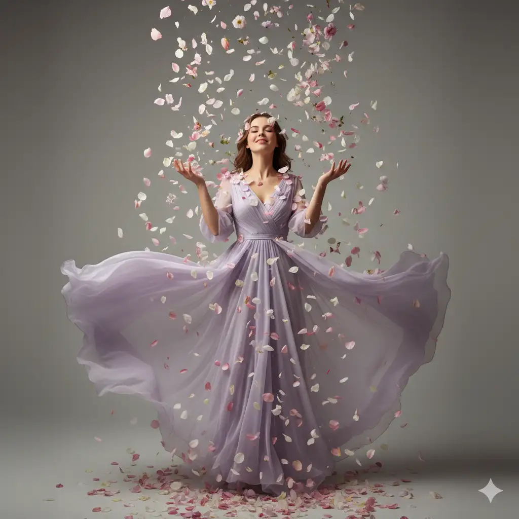 Create a photo of a young woman standing in a gentle "rain" of falling flower petals. She wears a soft lavender chiffon dress that flows with the wind. Her eyes are closed, and her hands are slightly raised, as if feeling the petals fall. The background is a neutral studio backdrop with petals in motion creating a magical atmosphere.