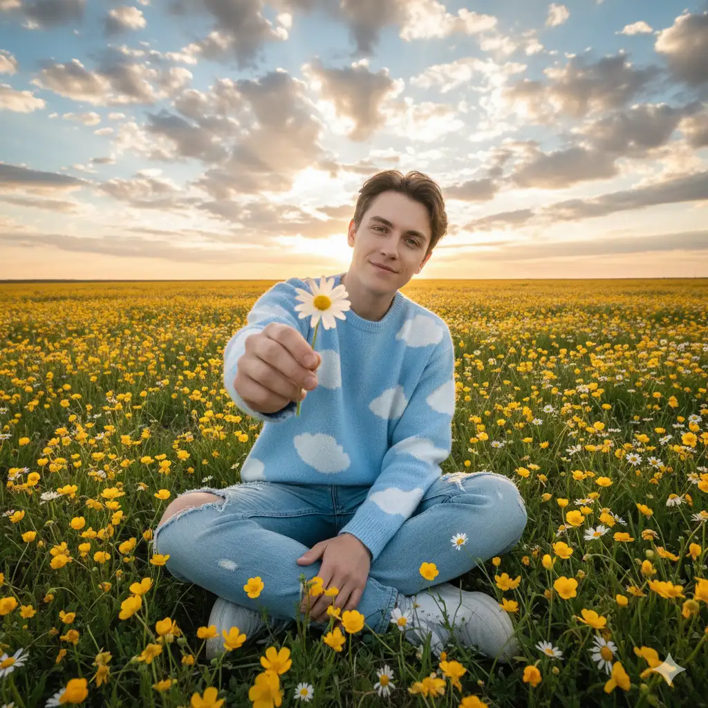 A young man sitting in a vast, sunlit field of yellow and white wildflowers under a dramatic sky filled with glowing clouds. He wears a cozy sky-blue sweater patterned with white clouds and light blue ripped jeans, blending playfully with the open landscape. The perspective is creative and intimate, he extends a hand forward, holding a single white daisy toward the viewer, creating a sense of connection and warmth. The golden flowers around him stretch to the horizon, glowing softly in the sunlight as rays peek through the clouds above. The atmosphere feels free, joyful, and deeply peaceful, evoking a sense of wanderlust and childlike wonder.