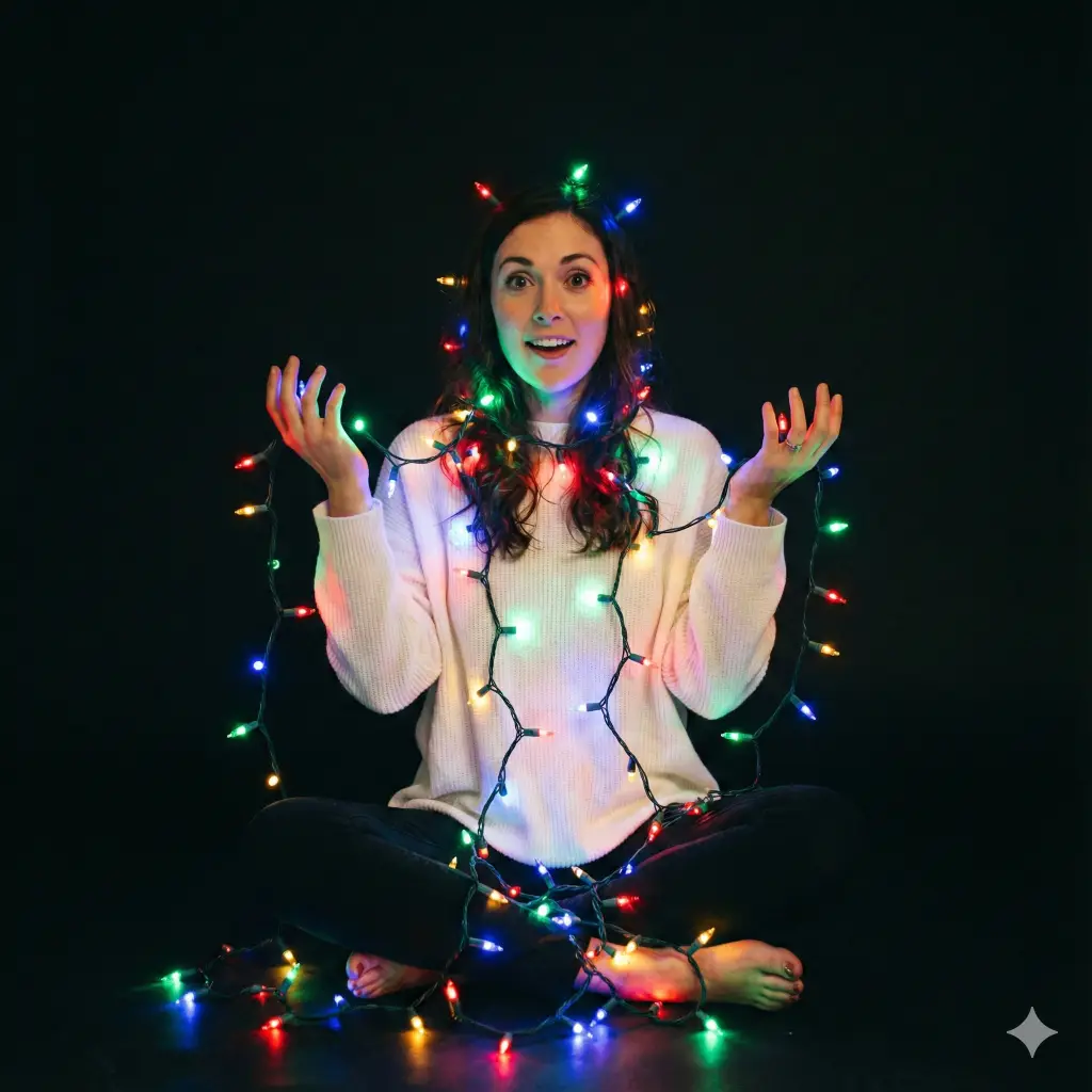 Create a whimsical and artistic photo with an aspect ratio of 1:1 of a woman sitting on the floor in a dark room, playfully wrapped in a strand of multi-colored Christmas lights. The lights are the primary source of illumination, casting colorful glows (red, green, blue) onto her face and hands. She is wearing a simple white oversized sweater and is looking at the camera with a look of wonder and amusement. The background is pitch black to make the lights pop.